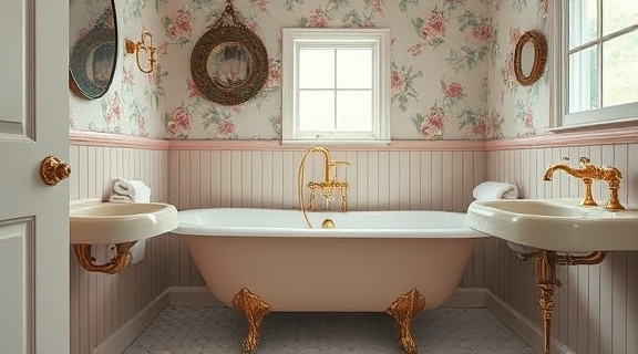 vintage bathroom remodel, charming nostalgic, refinishing clawfoot tub, photorealistic, Victorian-style home with floral wallpaper and brass details, highly detailed, subtle patina and antique fixtures, fine details, pastel pinks and blues, soft dappled lighting, shot with an 85mm portrait lens.