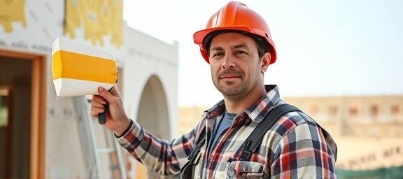 skilled painting contractor, determined expression, efficiently applying paint, photorealistic, on a construction site with partially built walls, highly detailed, ladders and drop cloths visible, finely tuned textures, earth tones, bright mid-day natural lighting, shot with a wide-angle lens.