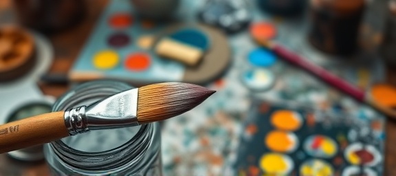 sleek painting brush, close-up focus, resting in a jar, photorealistic, on a cluttered artist's desk covered in paint splatters, highly detailed, bristles perfectly aligned, extraordinary sharpness, metallic and wooden tones, diffused overcast lighting, shot with a macro lens.