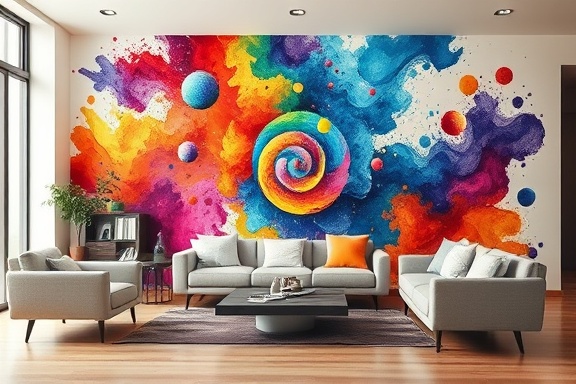 creative painting wall, inspiring design, being painted in vibrant colors, photorealistic, set in a modern living room with stylish furniture, highly detailed, intricate patterns emerging, full-spectrum vividness, soft, warm interior lighting, shot with a 24-70mm zoom lens.