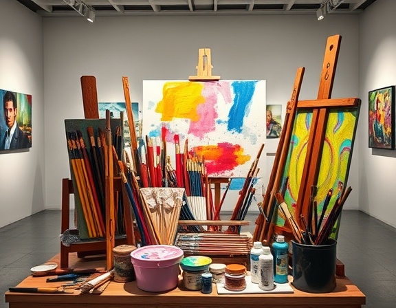 vibrant painting equipment, dynamic arrangement, displayed as an art installation, photorealistic, in a contemporary museum setting, highly detailed, brushes, paints, and canvases integrated, ultra-realistic rendering, bold colors, ambient gallery lighting, shot with a medium format camera.
