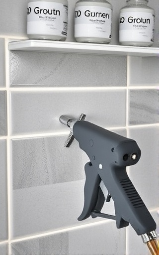 durable tiling grout, smooth, sealing efficiently, photorealistic, against a newly tiled bathroom wall, highly detailed, highlighting a grout gun in action, slate gray, diffuse daylight glow, shot with a macro lens.