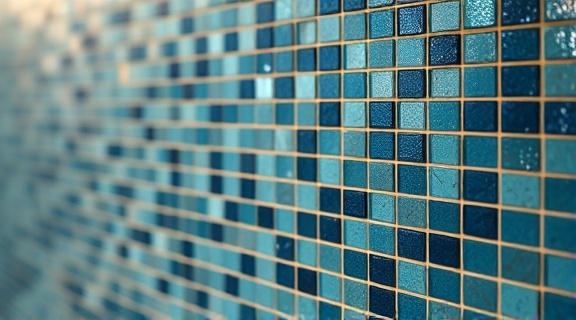 luxurious tiling texture, tactile, revealing depth, photorealistic, in an upscale spa environment, highly detailed, with a mosaic surface, subtle sparkle, rich blues and golds, soft indirect lighting, shot with a close-up lens.