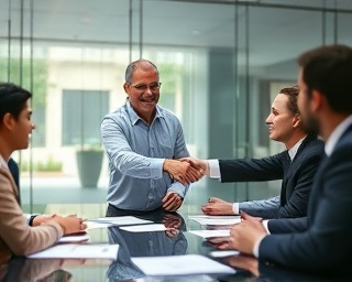hopeful founder success, smiling, shaking hands with investors, photorealistic, elegant boardroom with glass walls, highly detailed, documents scattered on the table, 85mm lens, cool tones, ambient light