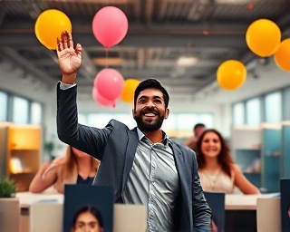 passionate founder startup, excited, celebrating team win, photorealistic, tech office with open spaces, highly detailed, balloons and confetti in the air, wide angle lens, vibrant colors, warm golden lighting
