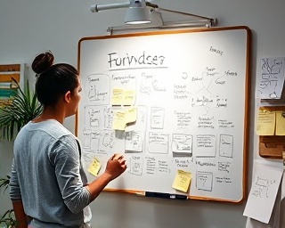 inspired founder inspiration, thoughtful, brainstorming ideas on a whiteboard, photorealistic, creative workspace filled with sketches and notes, highly detailed, sticky notes flying around, 35mm lens, pastel hues, directional lighting