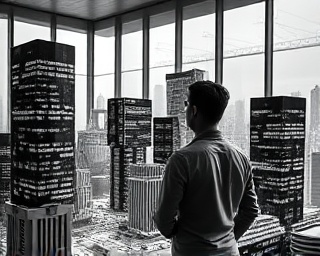 visionary founder vision, focused, analyzing a city model, photorealistic, futuristic office with floor-to-ceiling windows, highly detailed, holograph displays, 24mm lens, monochrome palette, spot lighting