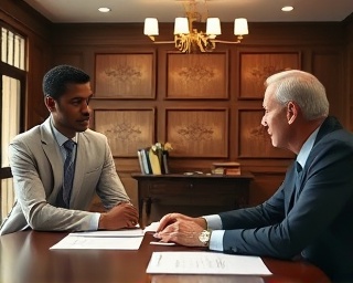confident founder story, determined, negotiating with partners, photorealistic, traditional meeting room with wooden decor, highly detailed, contract papers on the table, 70-200mm lens, neutral tones, soft overhead lighting