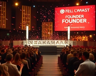 optimistic founder success, joyful, receiving award on stage, photorealistic, grand auditorium filled with people, highly detailed, confetti rain falling, 50mm lens, bright colors, stage lighting