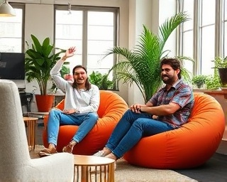 driven founder startup, enthusiastic, rallying the team, photorealistic, lively startup office with bean bags and plants, highly detailed, collaborative work atmosphere, 40mm lens, warm and inviting colors, natural light