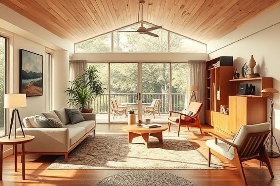 mid-century modern renovation design, thoughtful, finalizing plans, photorealistic, airy lounge with teak furniture, highly detailed, period-appropriate color schemes, focus on form and simplicity, muted tones, warm afternoon lighting, shot with a standard lens