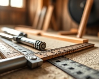 renovation tools in use, precise, measuring wood, photorealistic, sunlit wood shop with dust in the air, highly detailed, calipers and rulers scattered, focus on accuracy, earthy wood colors, soft sunlight filtering in, shot with a macro lens