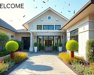 renovation project completion, celebratory, unveiling the result, photorealistic, fully finished smart home with gardens, highly detailed, confetti in the air, focus on celebration, vibrant and welcoming, bright daylight, shot with a wide-angle lens