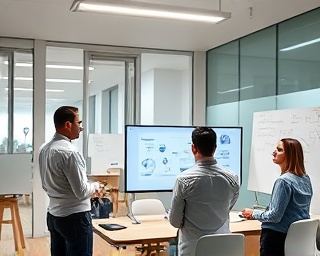 renovation team brainstorming, engaged, presenting designs, photorealistic, modern conference room with glass walls, highly detailed, whiteboards and digital displays, focus on ideas, neutral tones, bright fluorescent lighting, shot with a telephoto lens