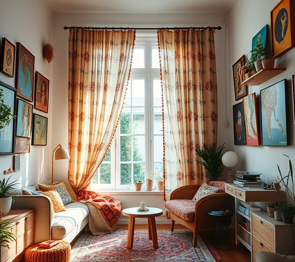 bohemian renovation decor, lively, hanging new curtains, photorealistic, colorful studio apartment with eclectic art, highly detailed, mix of textures and patterns, focus on the atmosphere, warm and inviting, natural sunlight, shot with a standard lens