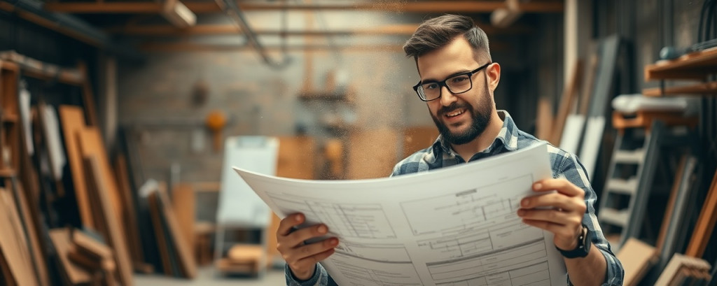 renovation expert with tools, confident expression, explaining blueprint plan, photorealistic, in an industrial-style loft filled with construction materials and sketches, highly detailed, dynamic movement of dust particles in air, sharp focus with blurred backdrop, warm earthy tones, diffused ambient lighting, shot with a 35mm lens.