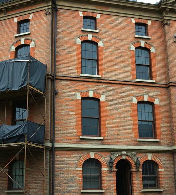 historic renovation project, careful, restoring facade, photorealistic, aged mansion with scaffolding and tarp, highly detailed, erosion and wear on bricks, focus on preservation, muted historic colors, overcast lighting, shot with a tilt-shift lens