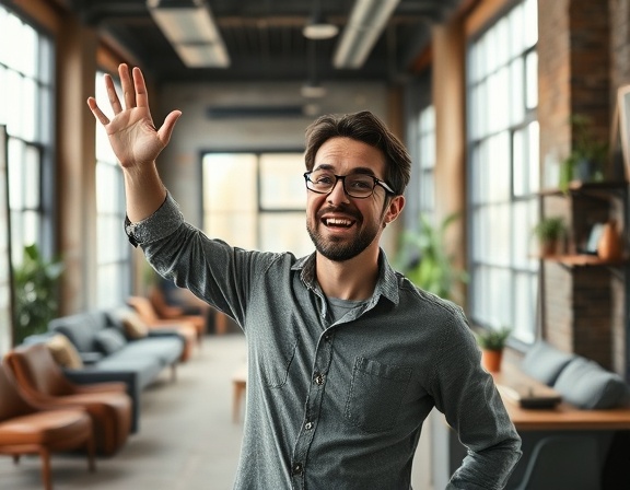 contemporary renovations office, enthusiastic expression, revamping workspace, photorealistic, urban loft with industrial charm, highly detailed, modern furniture arrangements, soft bokeh, muted earthy tones, ambient lighting, shot with a 50mm lens.