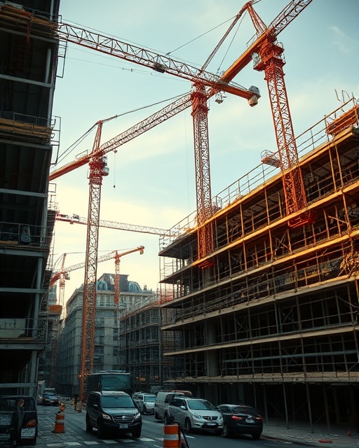 innovative renovations construction, determined expression, building creativity, photorealistic, bustling construction site with cranes and scaffolding, highly detailed, interplay of machinery and manpower, crisp clarity, metallic hues, dramatic lighting, shot with a 24mm wide-angle lens.