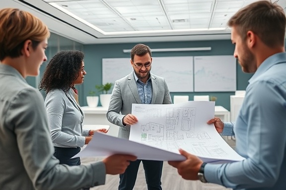 strategic renovations planning, focused expression, blueprint analysis, photorealistic, sleek and organized conference room filled with plans and models, highly detailed, interactive team dynamics, high-resolution, pastel and steel tones, directed lighting, shot with an 85mm lens.