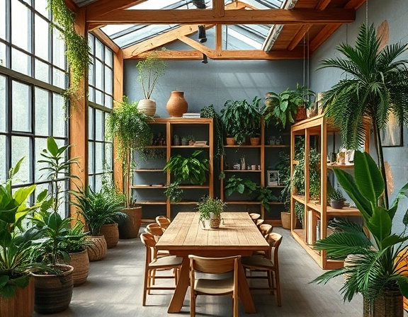 sustainable renovations design, thoughtful expression, integrating eco-friendly materials, photorealistic, idyllic eco-friendly open-air workspace, highly detailed, sustainable materials and green plants, precise clarity, natural greens and browns, diffused natural lighting, shot with a 28mm lens.