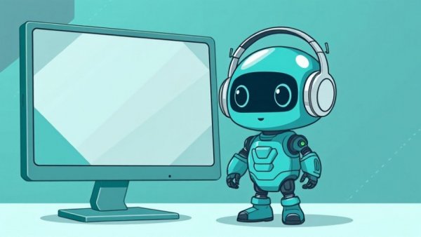 Cute teal robot cartoon by Samsung mobile monitor