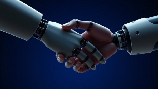 Edge AI Innovation symbolized by robot and human handshake.