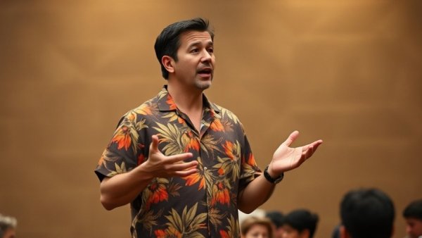 Engaging speaker in Hawaiian shirt at conference