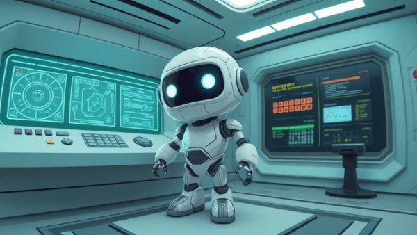 Cartoon robot near futuristic panel in sleek setting.