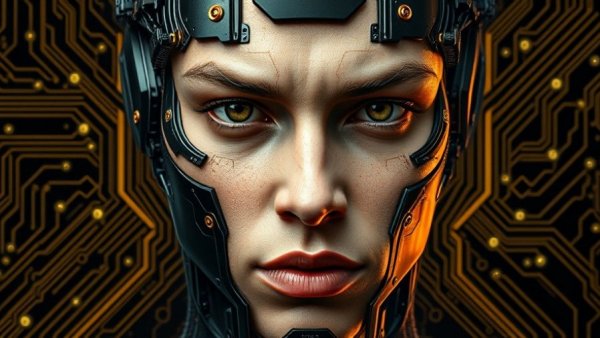 AI Technology Advancement symbolized by a half-cyborg face with circuitry.