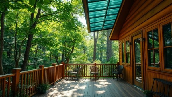 Serene winter patio living in Texas with forest view.