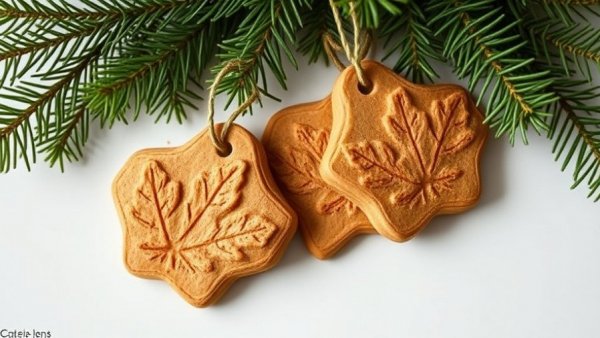 Handmade cinnamon dough ornaments with green twine on white background.