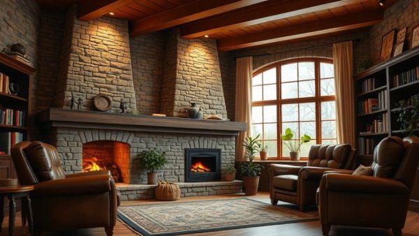 Warm and cozy living room with masonry heater