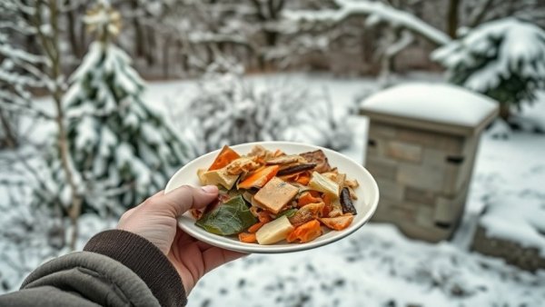 Hand holding compost plate in snowy winter backyard.