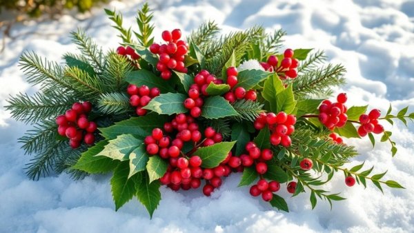 Fresh Christmas greenery including pine, holly with berries, and ivy on snow.