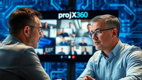 Men discussing ProjX360 integration software in a video call.