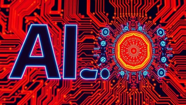 Futuristic AI design with circuit patterns, vibrant colors.