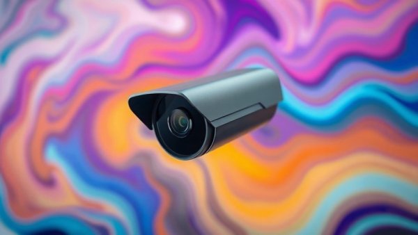 Modern security camera with colorful abstract background for Cyber Monday home security deals.