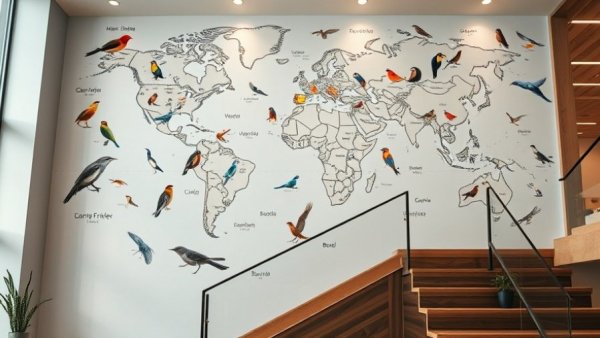 Jane Kim Wall of Birds mural with world map and birds.