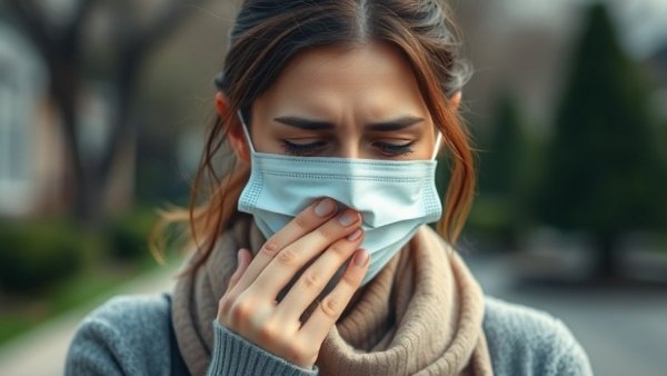 Woman with mask coughing, related to H5N1 bird flu mutation.