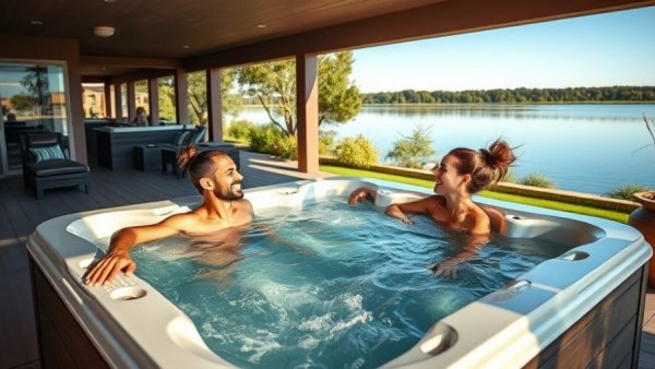 Couple enjoys benefits of outdoor hot tub in backyard.