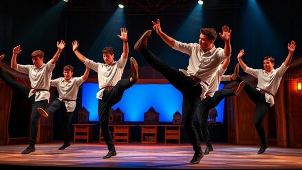 Energetic ensemble dancing on stage at The Book of Mormon Robinson Center.