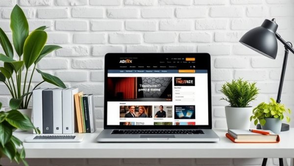 Modern workspace with laptop displaying non-profit theatre database, highlighting support for over 200 theatres.