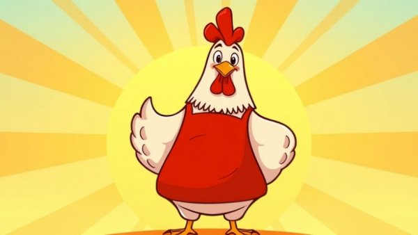 Cartoon chicken with apron and sunrise background, Backyard Chickens.