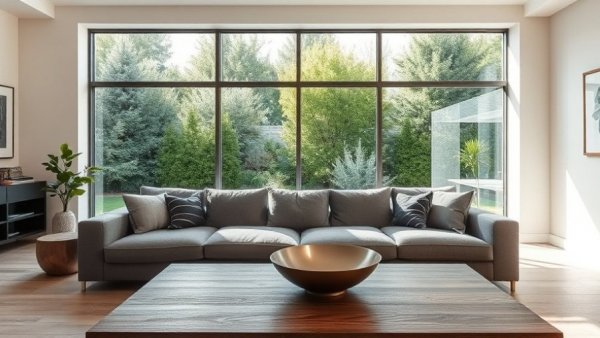 Modern living room with gas-filled windows and garden view.