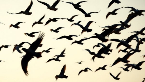 Flock of birds flying against a pale sky, bird flu in Galveston County.