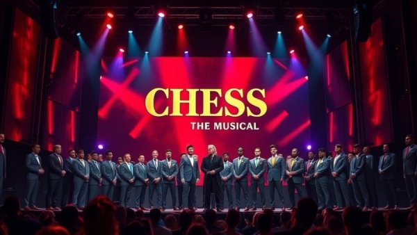 Chess: The Musical cast taking a bow onstage, vibrant lighting.