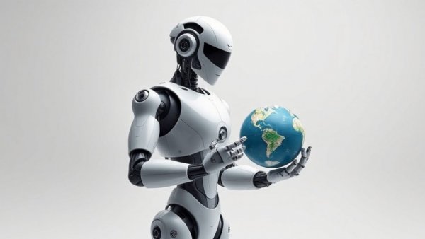 Futuristic robot with Earth globe highlighting Syllable AI in Microsoft Marketplace.