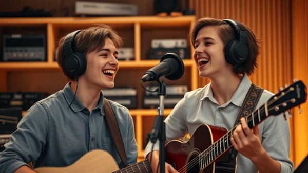 Young musicians recording duet in studio for Under The Mistletoe song insights.
