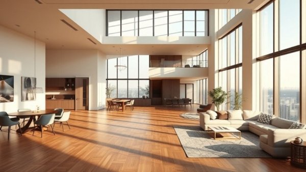 Modern open-floor apartment layout with warm lighting